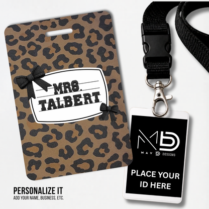 Personalized Teacher ID Badge Holder - Cheetah Bow