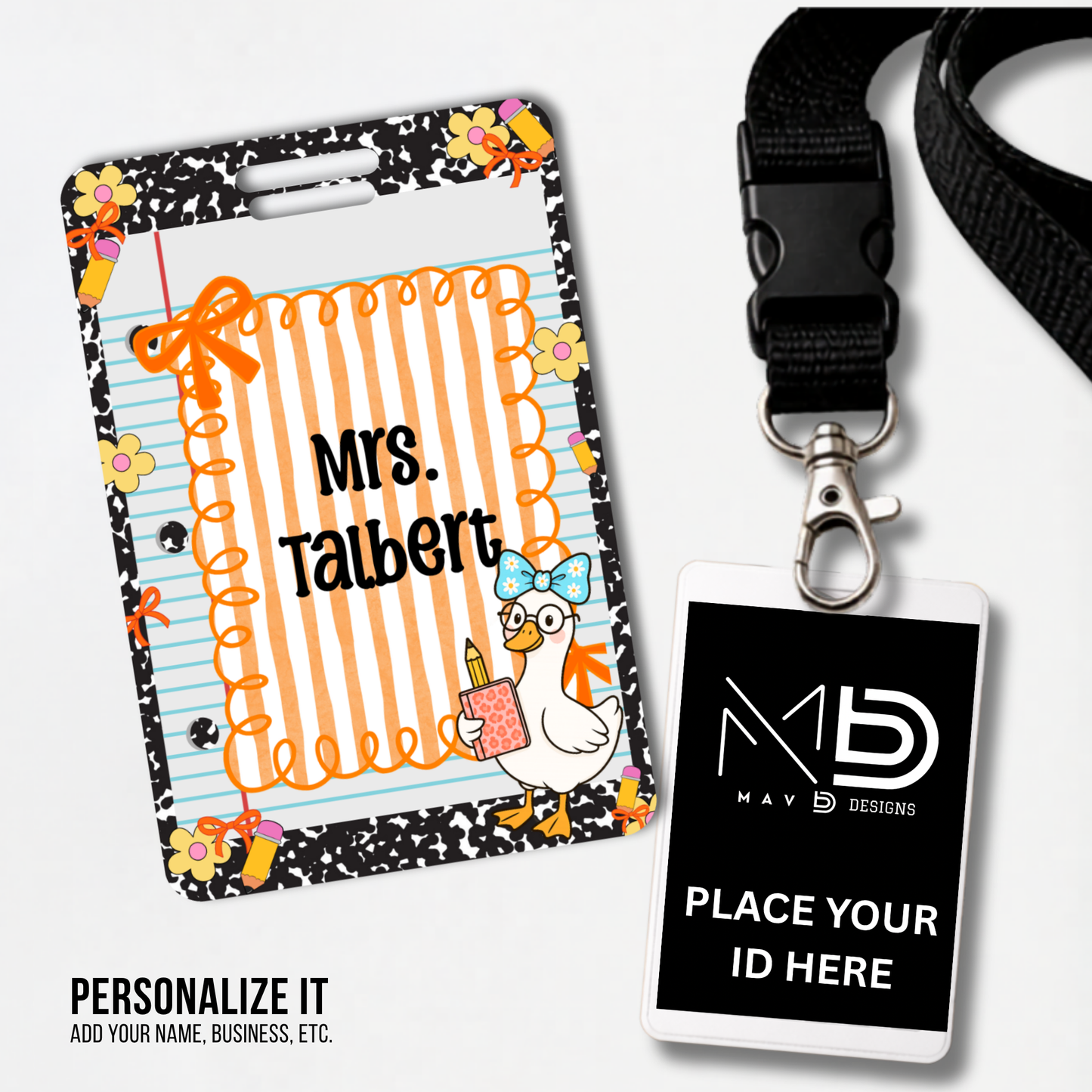 Personalized Teacher ID Badge Holder - Composition Stripes and Goose