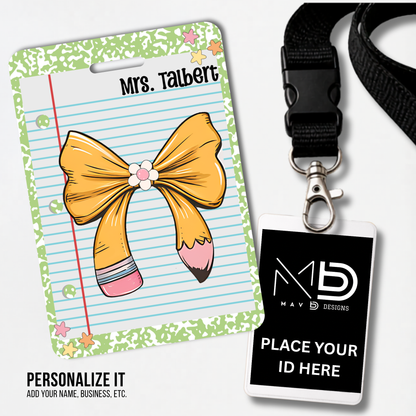 Personalized Teacher ID Badge Holder - Pencil Bow Green Composition