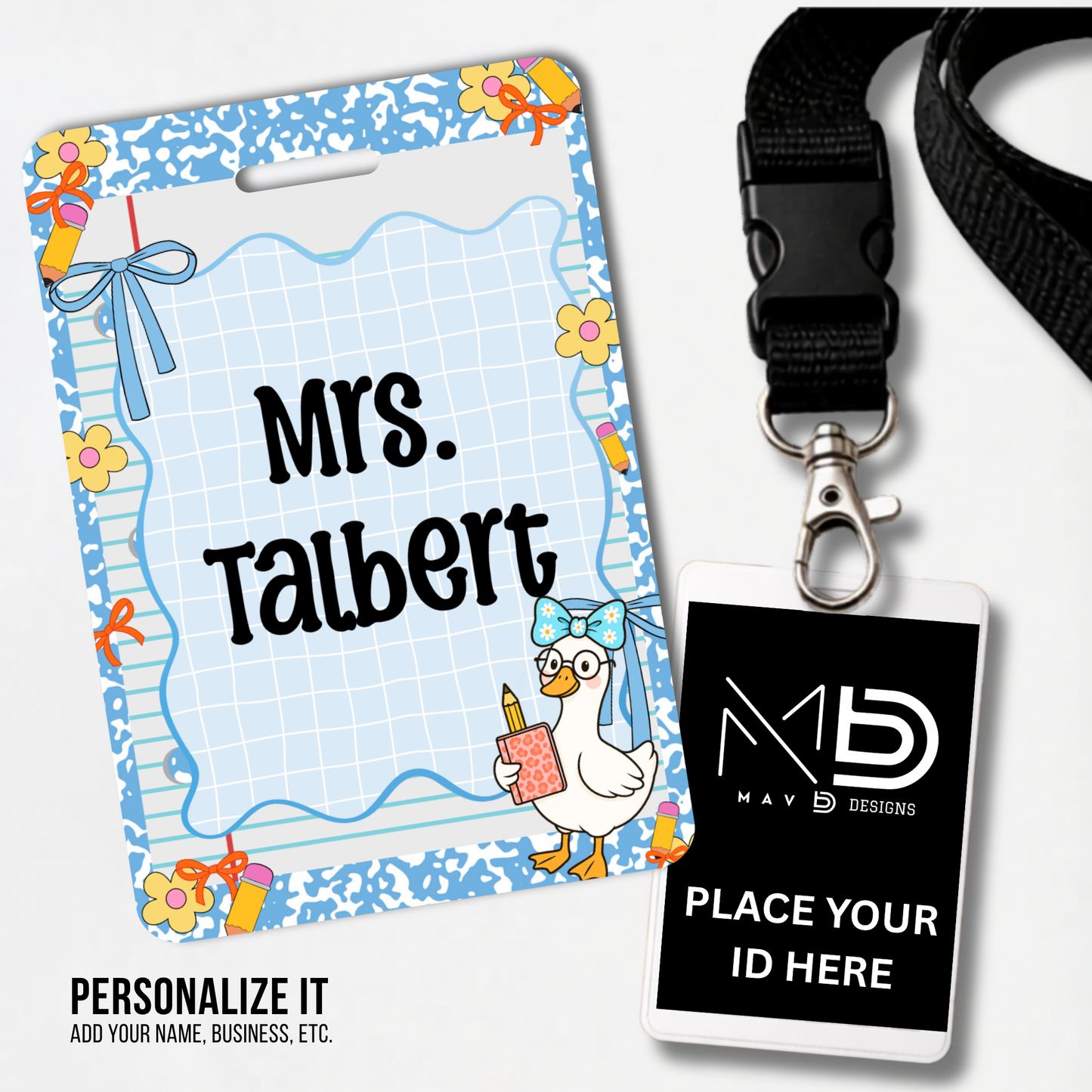 Personalized Teacher ID Badge Holder - Blue Stripes and Goose