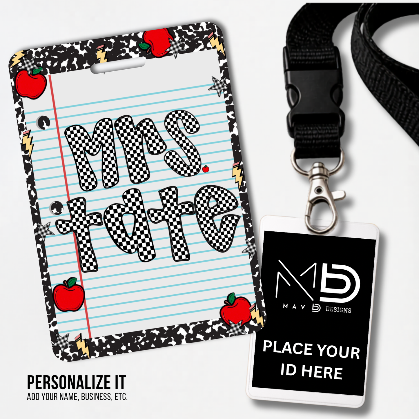 Personalized Teacher ID Badge Holder - Checkered Composition Apple