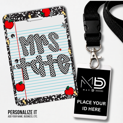 Personalized Teacher ID Badge Holder - Checkered Composition Apple