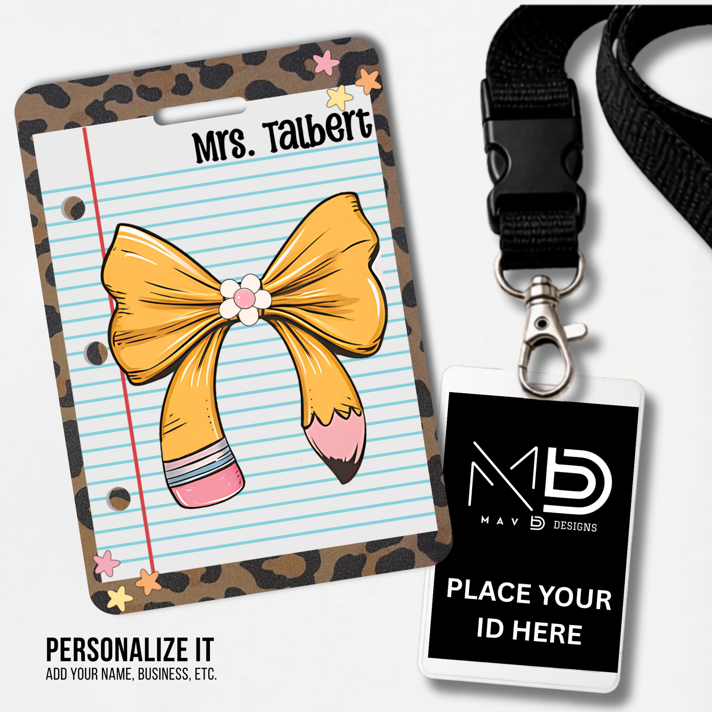 Personalized Teacher ID Badge Holder - Pencil Bow Cheetah Print