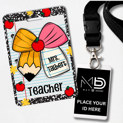 Personalized Teacher ID Badge Holder - Pencil Bow Notebook Doodles