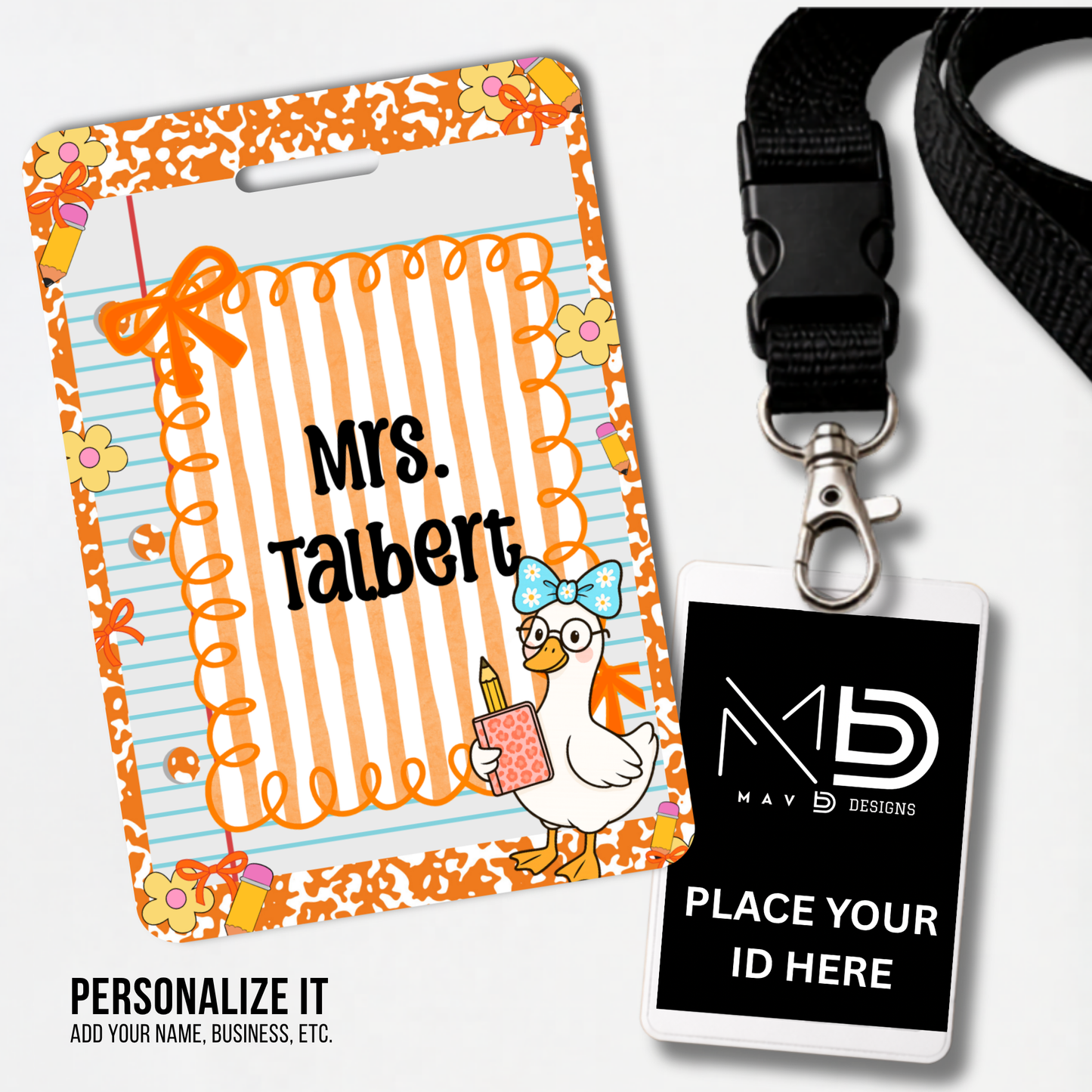 Personalized Teacher ID Badge Holder - Composition Stripes and Goose