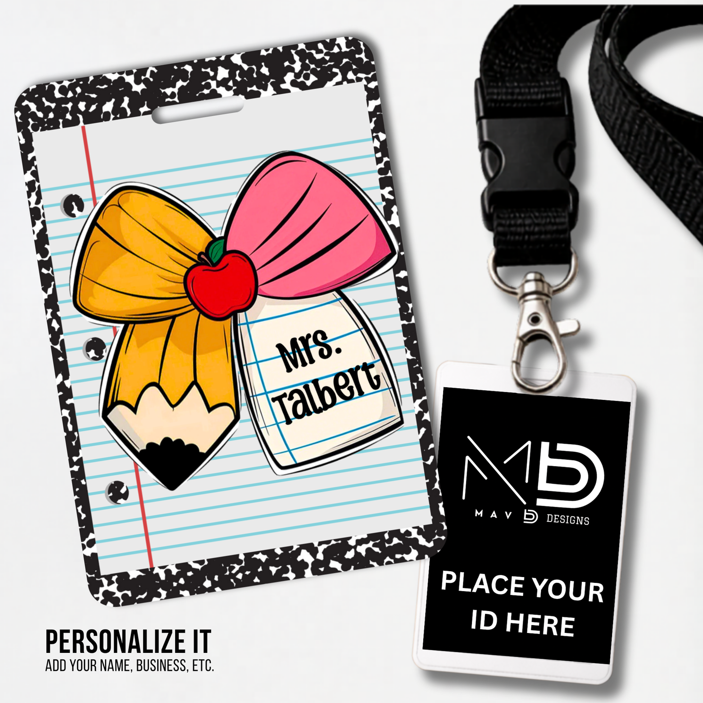Personalized Teacher ID Badge Holder - Pencil Bow Notebook