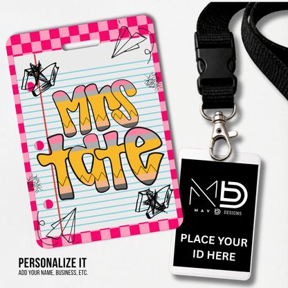 Personalized Teacher ID Badge Holder - Pencil Doodle Pink Checkered