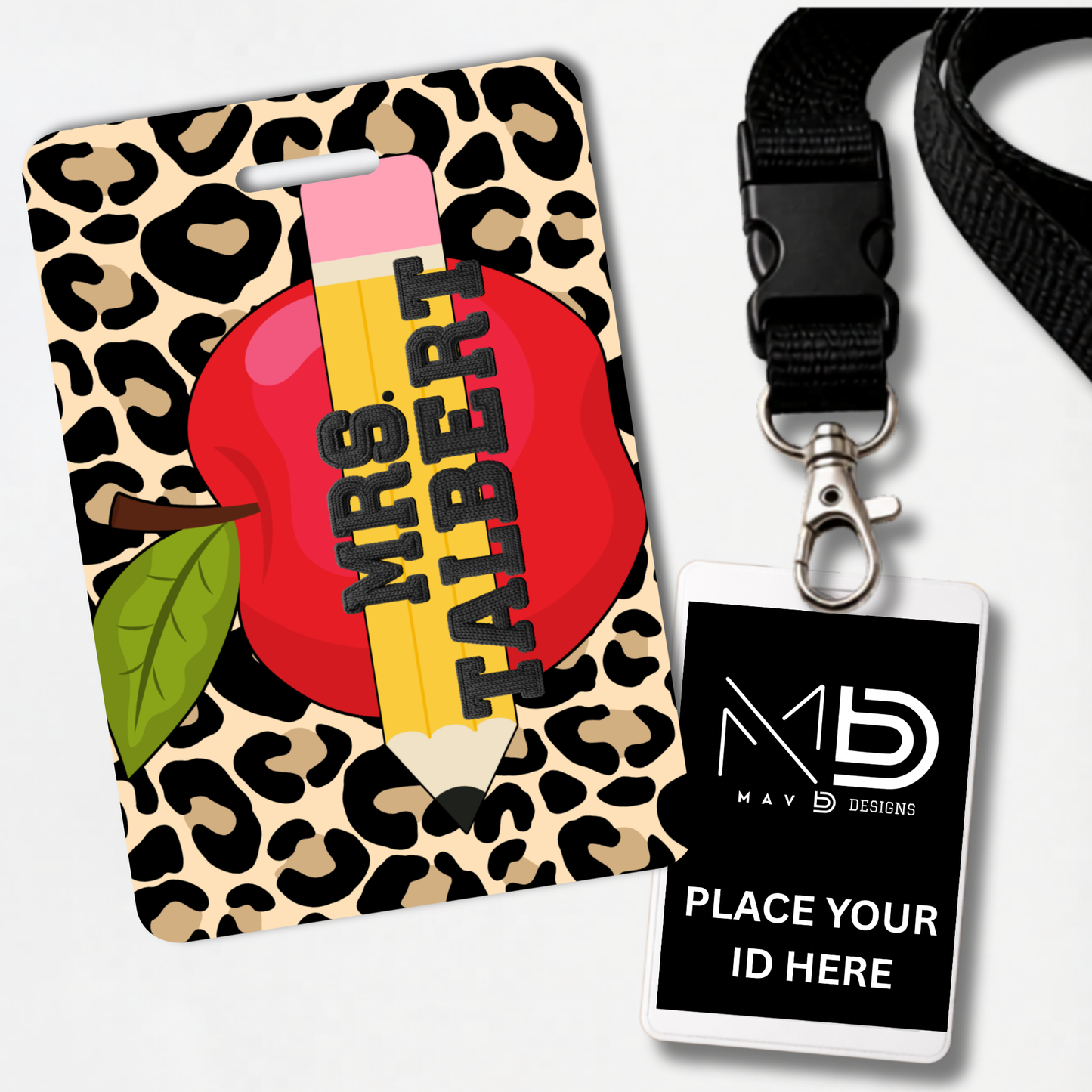 Personalized Teacher ID Badge Holder - Cheetah Apple Pencil