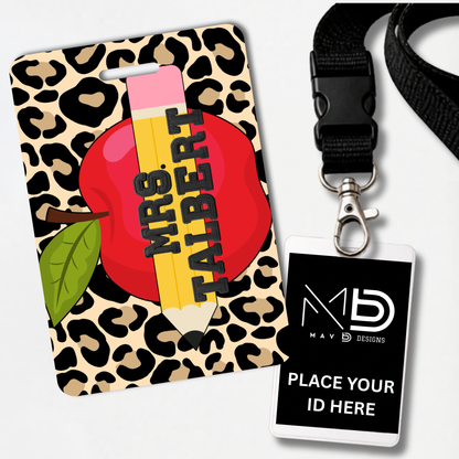 Personalized Teacher ID Badge Holder - Cheetah Apple Pencil