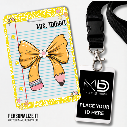 Personalized Teacher ID Badge Holder - Pencil Bow Yellow Composition