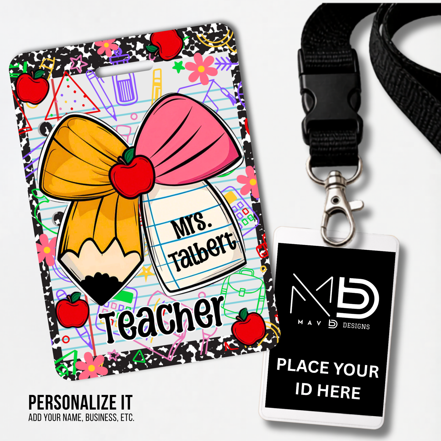 Personalized Teacher ID Badge Holder - Comp Notebook Pencil Bow