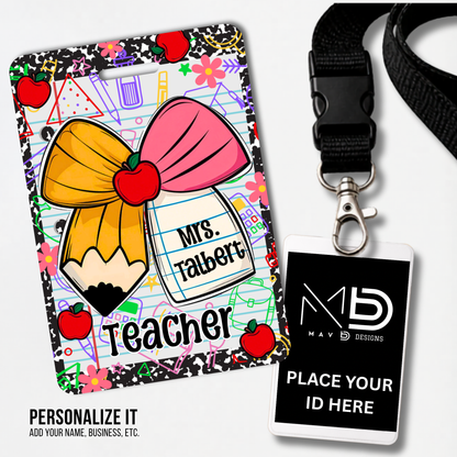 Personalized Teacher ID Badge Holder - Comp Notebook Pencil Bow
