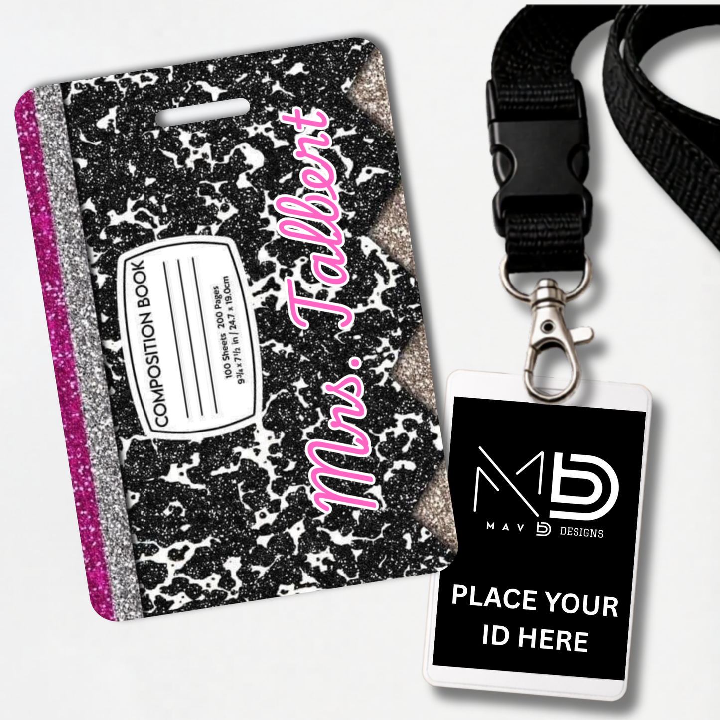 Personalized Teacher ID Badge Holder - Glitter Composition Notebook