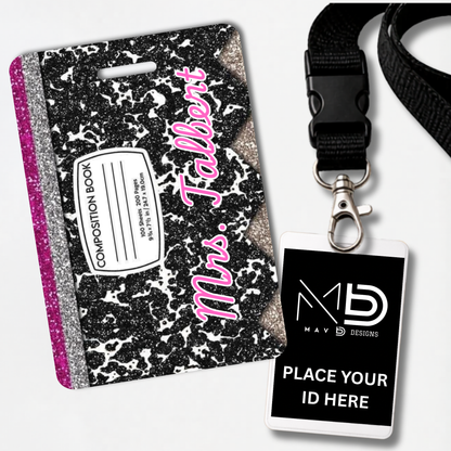 Personalized Teacher ID Badge Holder - Glitter Composition Notebook