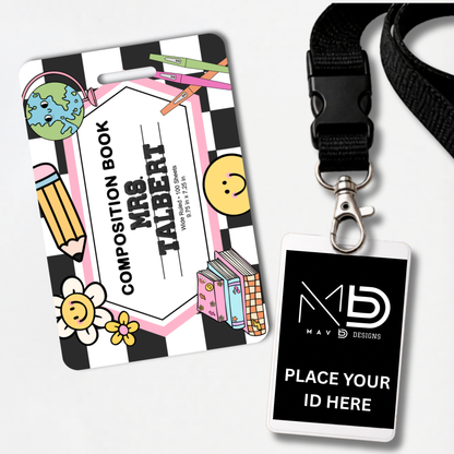 Personalized Teacher ID Badge Holder - Groovy Composition Notebook