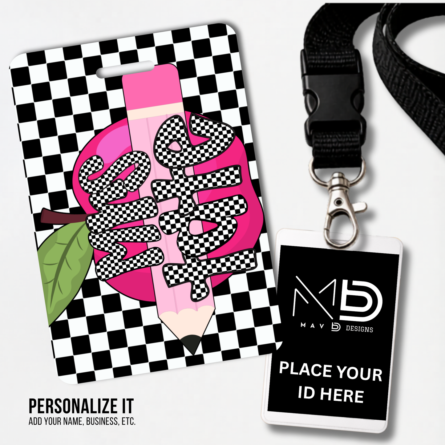 Personalized Teacher ID Badge Holder - Black Checkered Apple