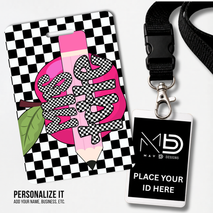 Personalized Teacher ID Badge Holder - Black Checkered Apple