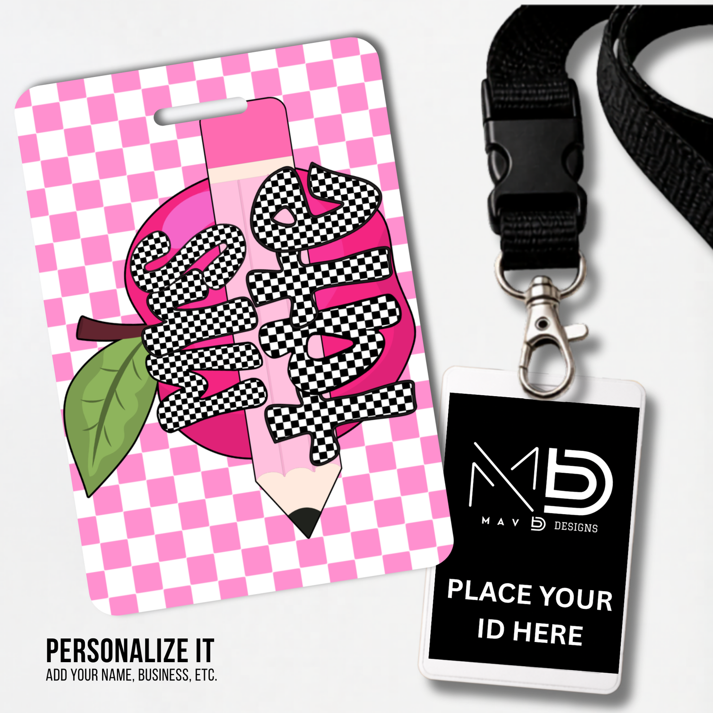 Personalized Teacher ID Badge Holder - Pink Checkered Apple