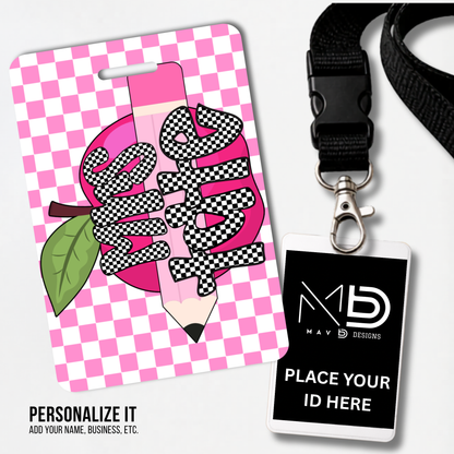 Personalized Teacher ID Badge Holder - Pink Checkered Apple