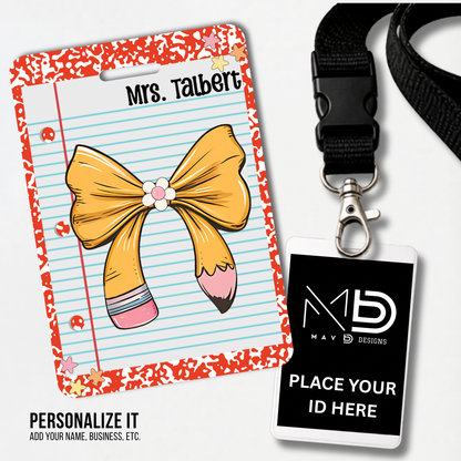 Personalized Teacher ID Badge Holder - Pencil Bow Red Composition