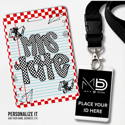 Personalized Teacher ID Badge Holder - Red Checkered Doodle