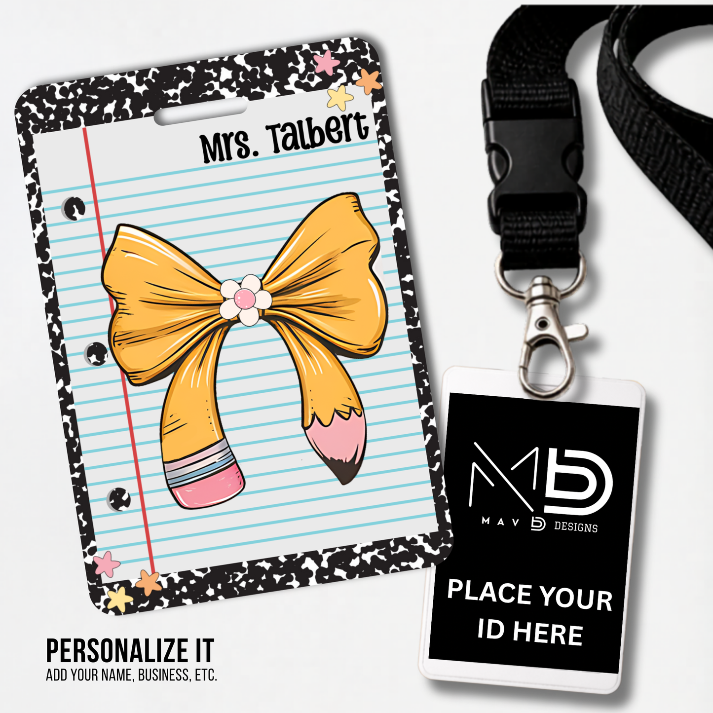 Personalized Teacher ID Badge Holder - Pencil Bow Black Composition