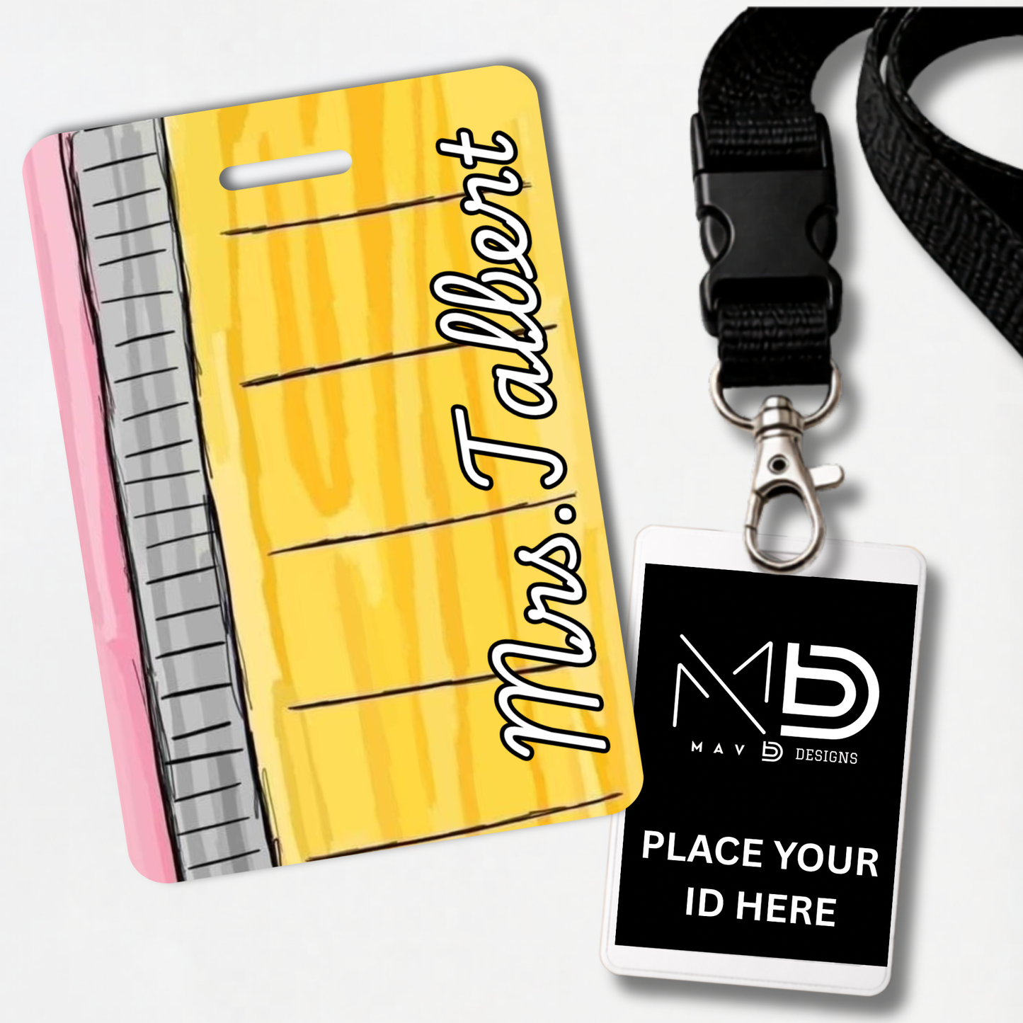 Personalized Teacher ID Badge Holder - Doodle Pencil