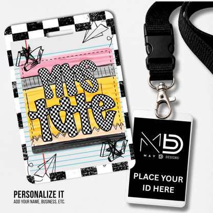 Personalized Teacher ID Badge Holder - Checkered Doodle Pencil