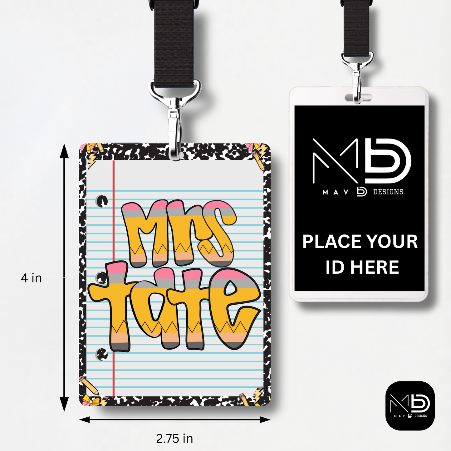 Personalized Teacher ID Badge Holder - Pencil Comp Notebook
