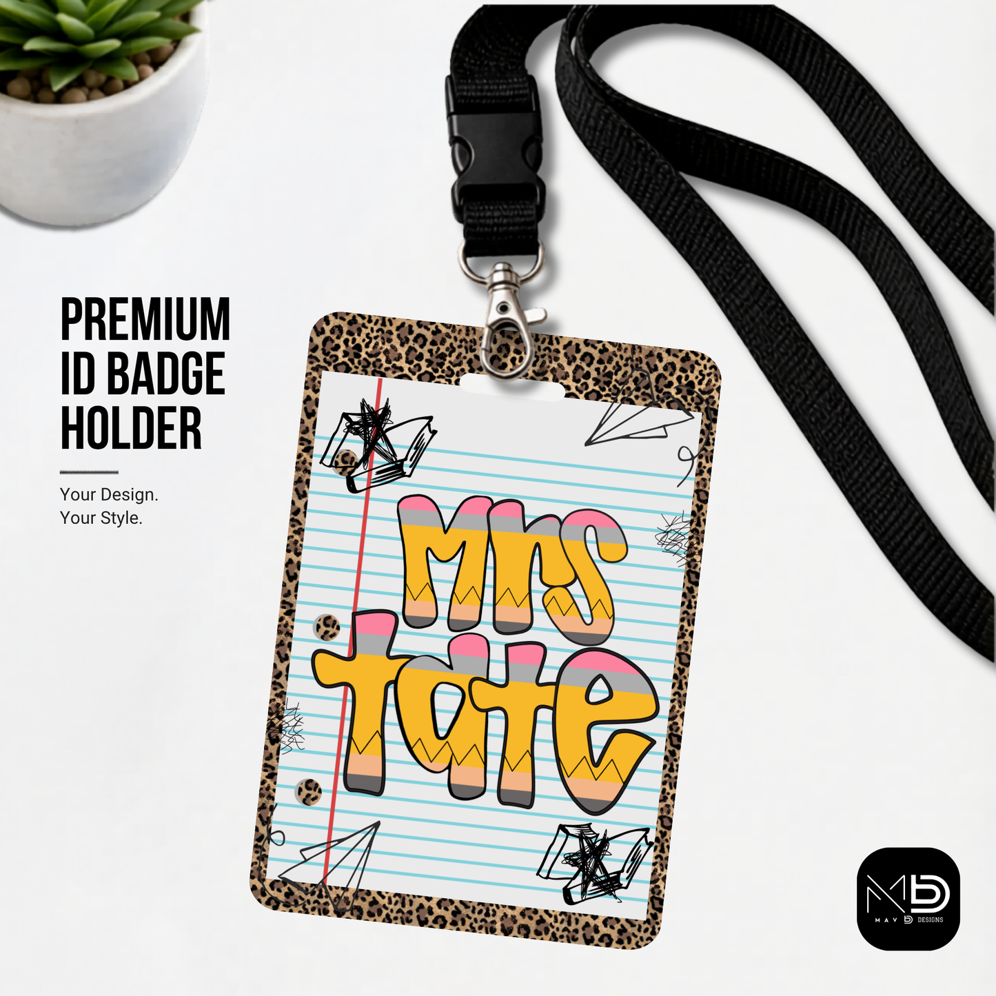 Personalized Teacher ID Badge Holder - Cheetah Doodle