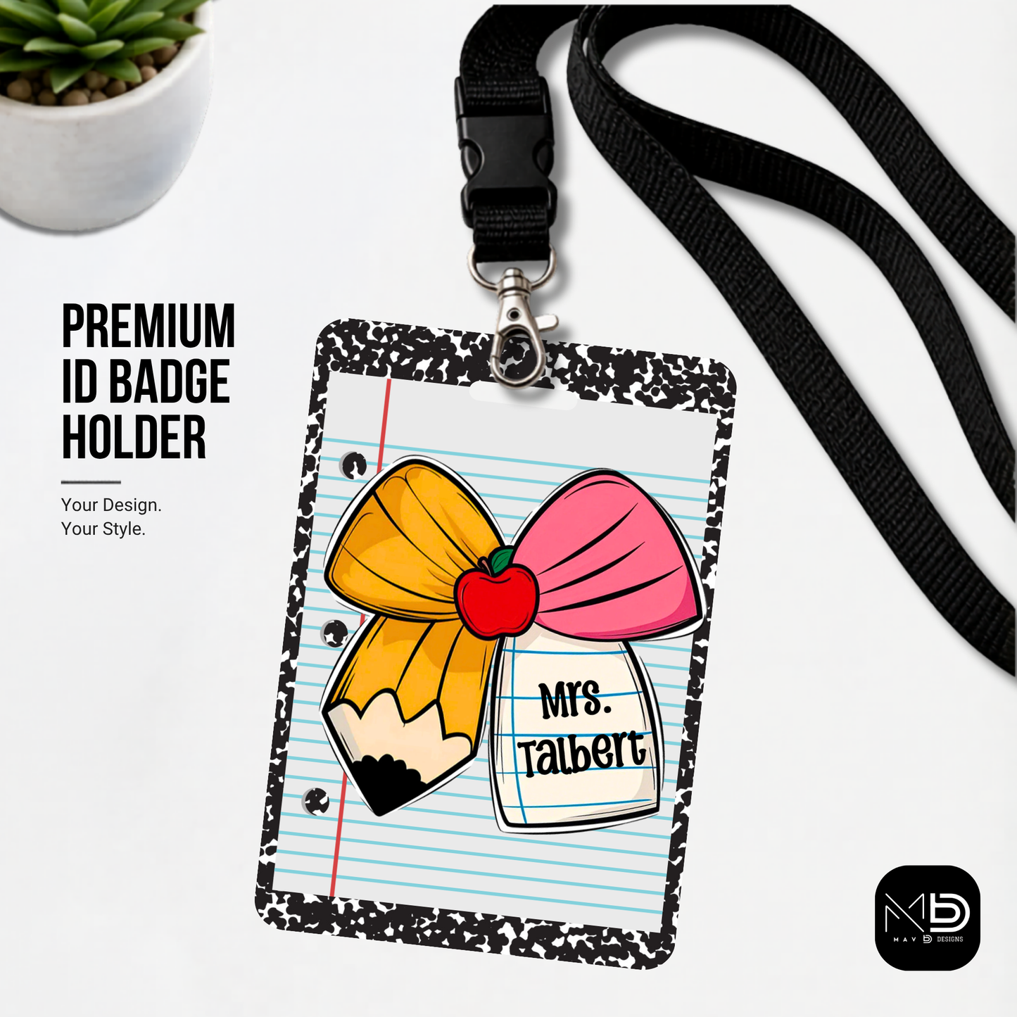 Personalized Teacher ID Badge Holder - Pencil Bow Notebook