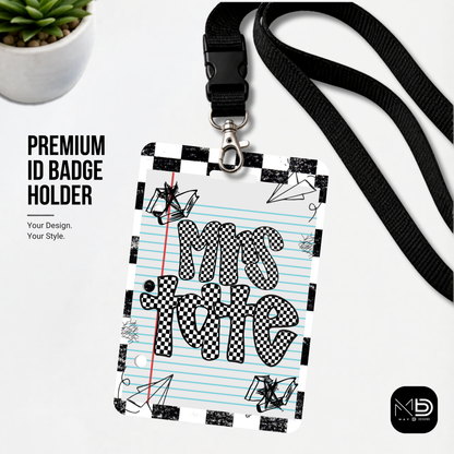 Personalized Teacher ID Badge Holder - Black Checkered Doodle