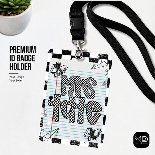 Personalized Teacher ID Badge Holder - Black Checkered Doodle