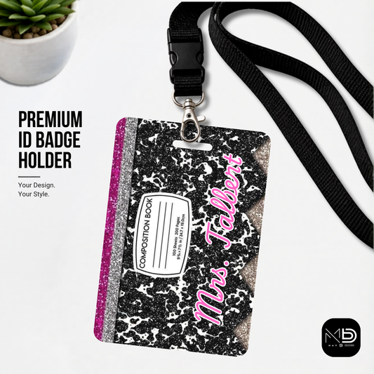 Personalized Teacher ID Badge Holder - Glitter Composition Notebook