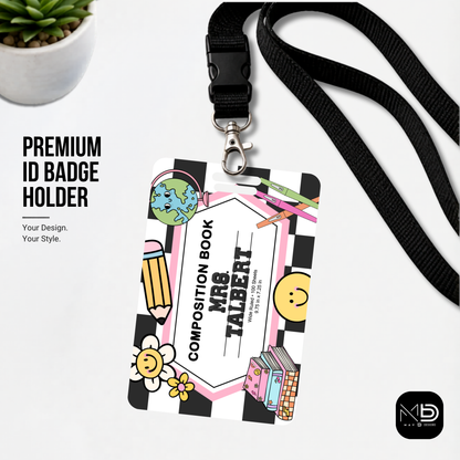 Personalized Teacher ID Badge Holder - Groovy Composition Notebook