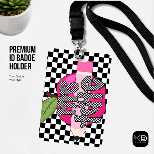 Personalized Teacher ID Badge Holder - Black Checkered Apple