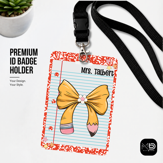 Personalized Teacher ID Badge Holder - Pencil Bow Red Composition