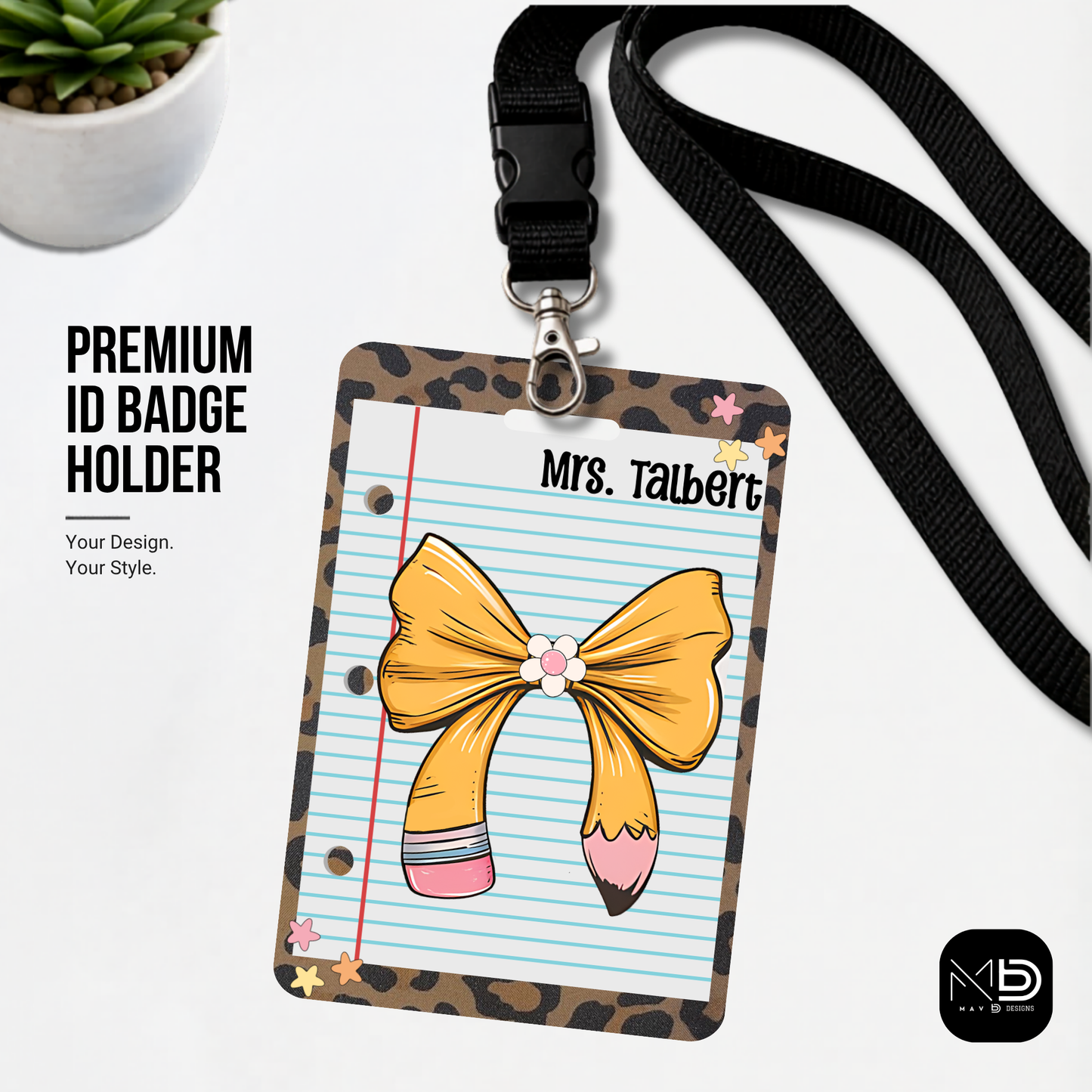 Personalized Teacher ID Badge Holder - Pencil Bow Cheetah Print