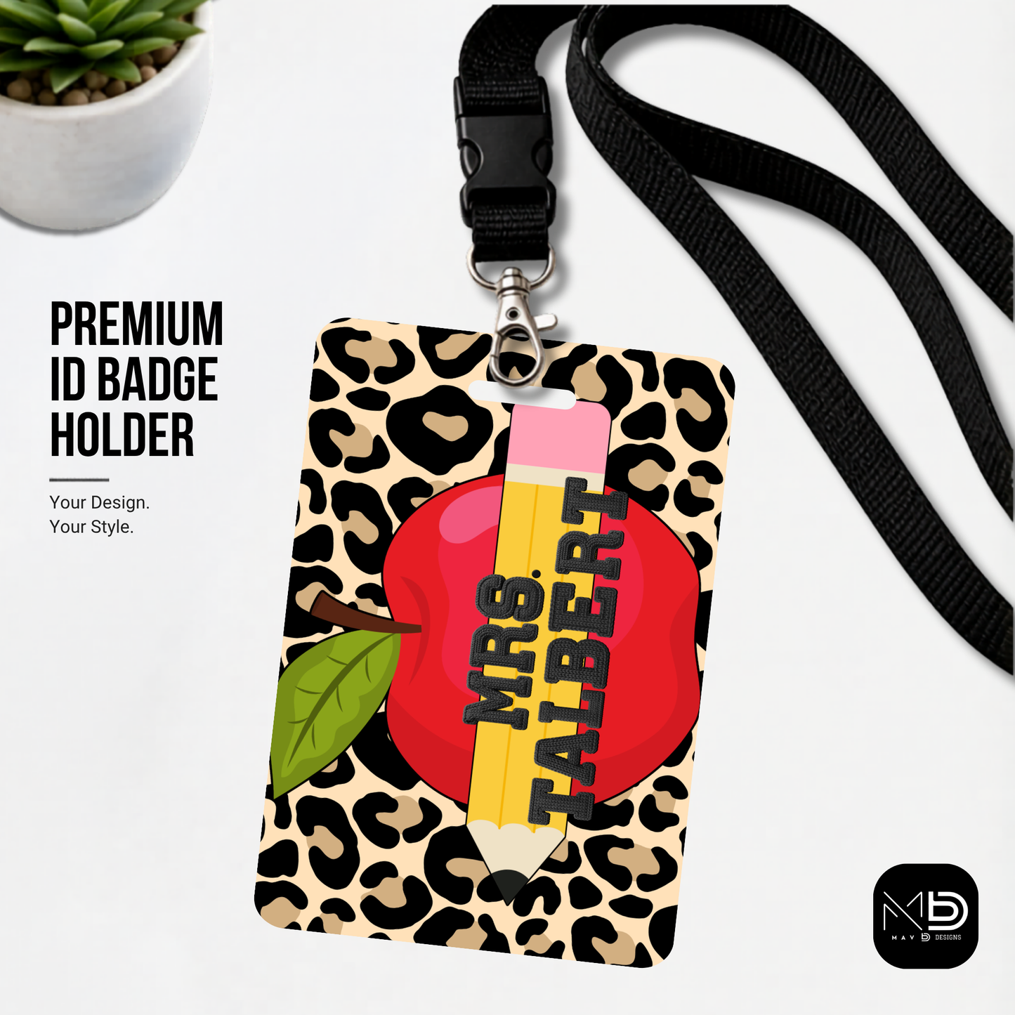 Personalized Teacher ID Badge Holder - Cheetah Apple Pencil