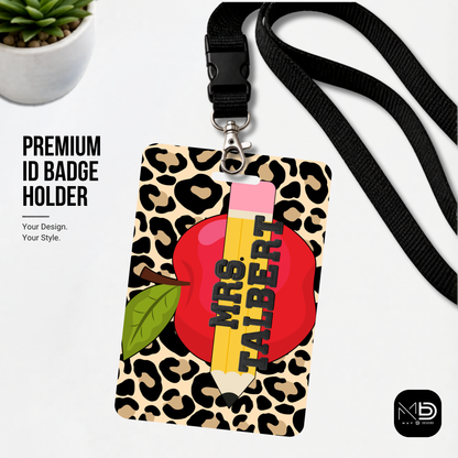 Personalized Teacher ID Badge Holder - Cheetah Apple Pencil