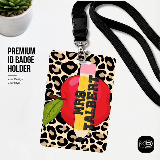 Personalized Teacher ID Badge Holder - Cheetah Apple Pencil
