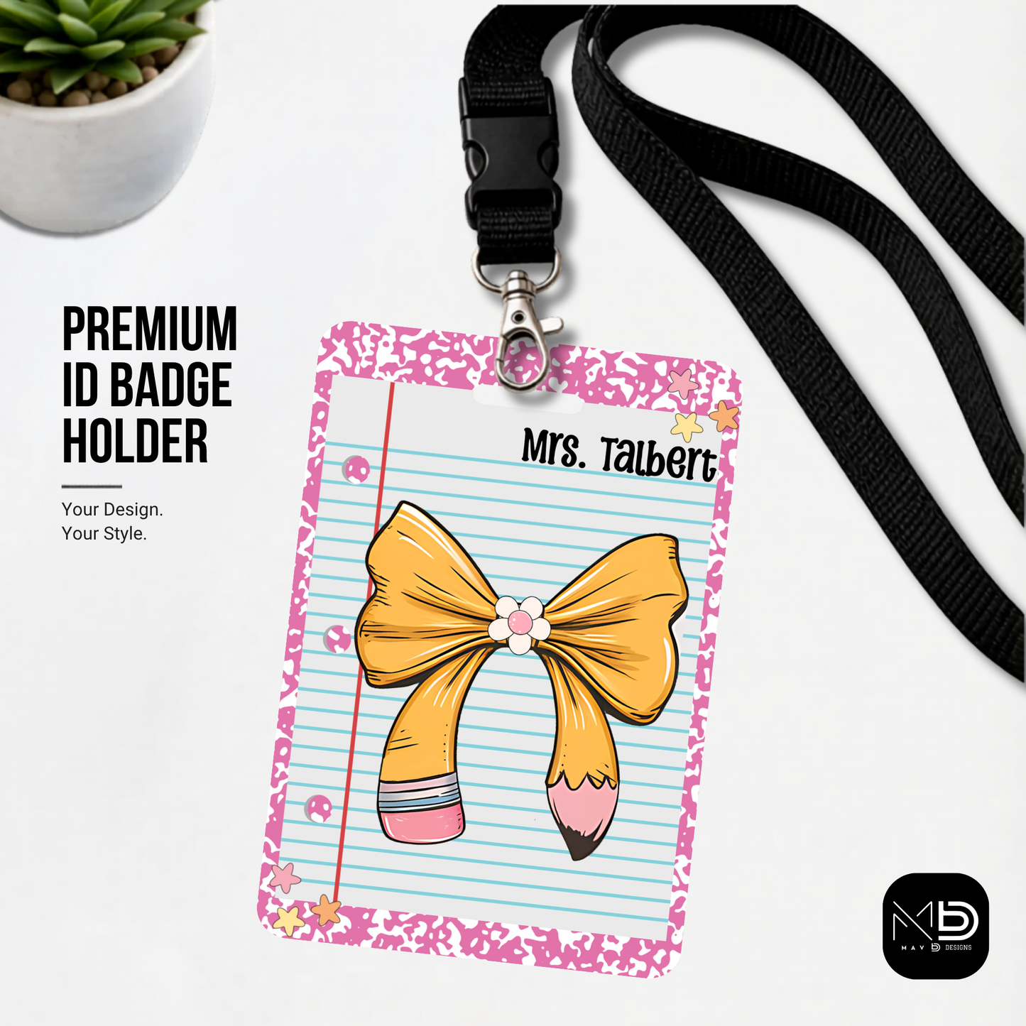Personalized Teacher ID Badge Holder - Pencil Bow Pink Composition