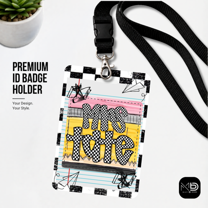 Personalized Teacher ID Badge Holder - Checkered Doodle Pencil