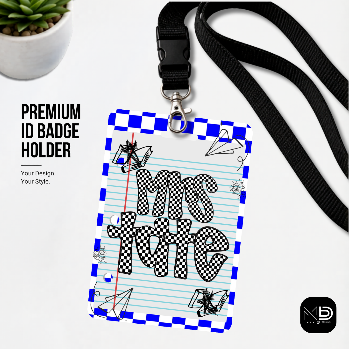 Personalized Teacher ID Badge Holder - Blue Checkered Doodle