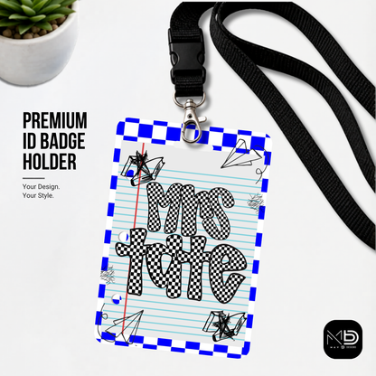 Personalized Teacher ID Badge Holder - Blue Checkered Doodle