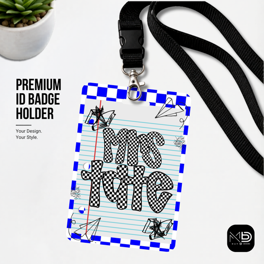 Personalized Teacher ID Badge Holder - Blue Checkered Doodle