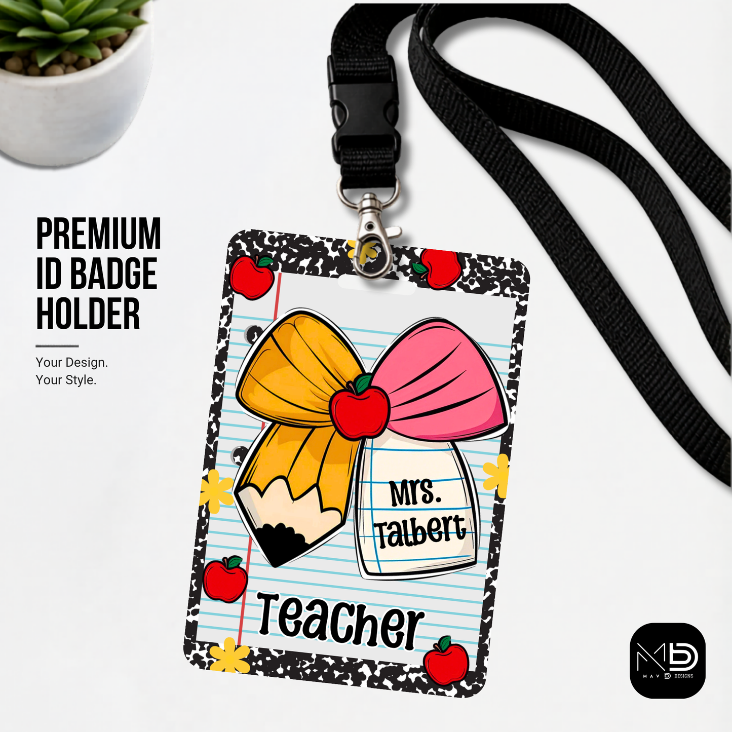 Personalized Teacher ID Badge Holder - Pencil Bow Notebook Doodles