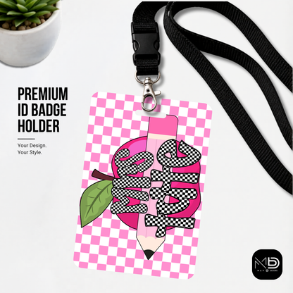 Personalized Teacher ID Badge Holder - Pink Checkered Apple