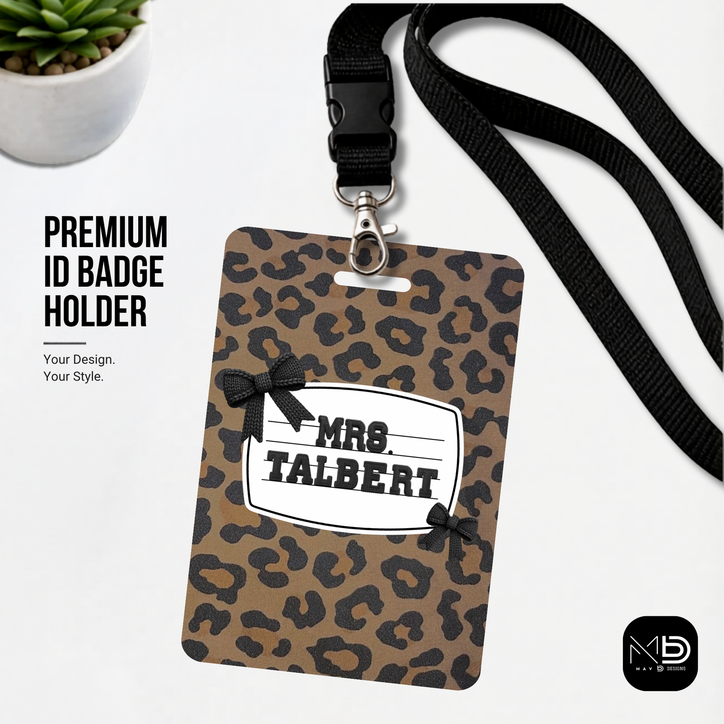Personalized Teacher ID Badge Holder - Cheetah Bow