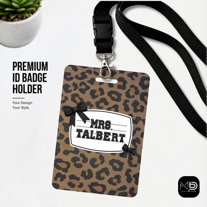 Personalized Teacher ID Badge Holder - Cheetah Bow